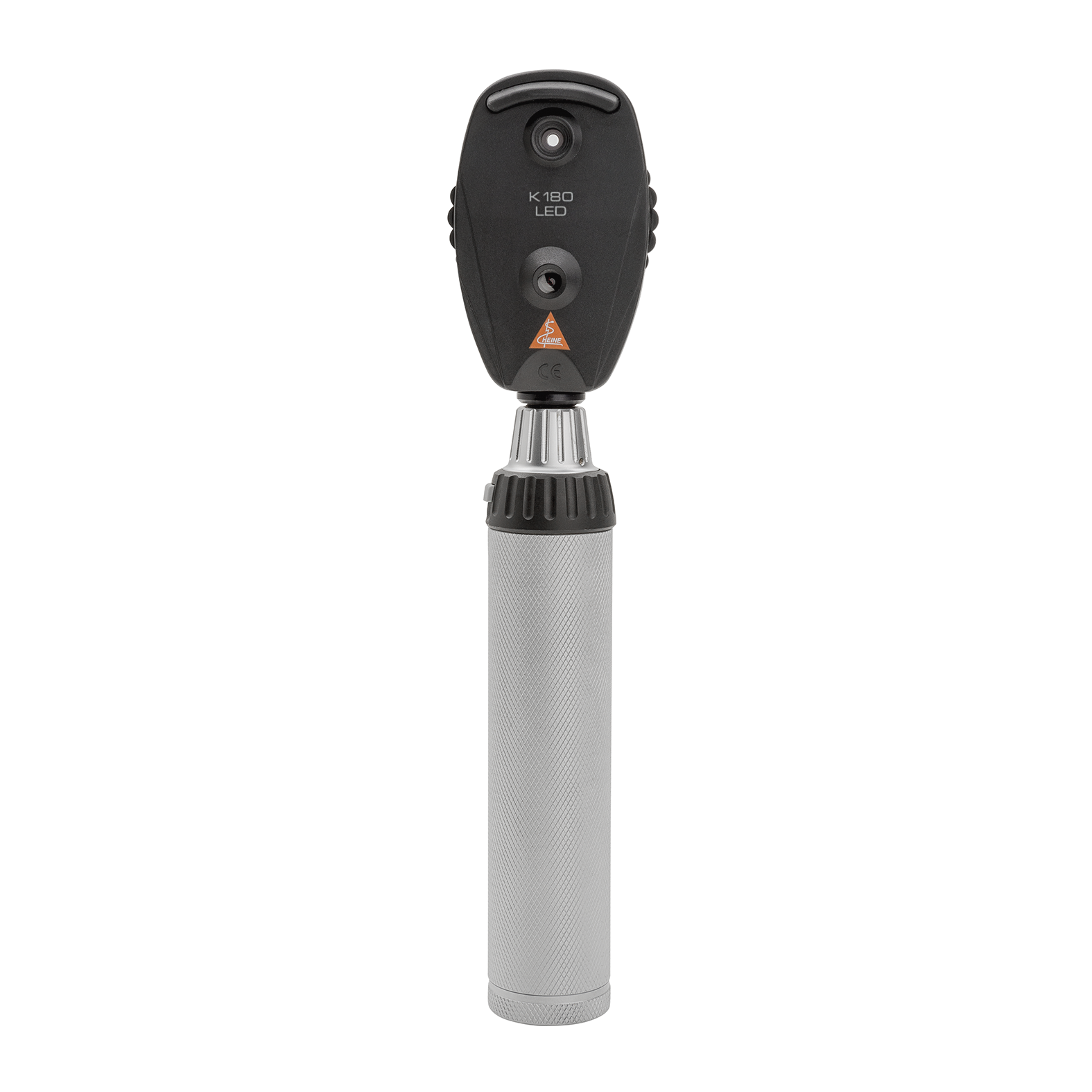 Oftalmoscopio HEINE K180, en versión estándar con rueda de apertura 1, estuche blando, mango recargable BETA4 USB con cable USB y fuente de alimentación enchufable