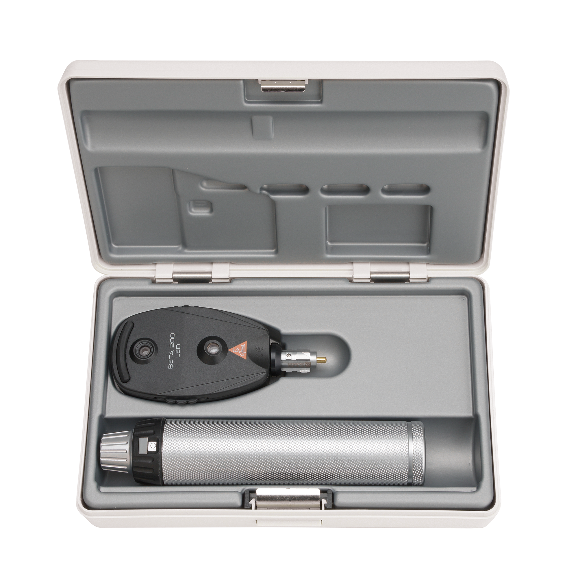 HEINE BETA 200 LED Ophthalmoscope (2.5 V XHL), BETA battery handle, one spare bulb, hard case